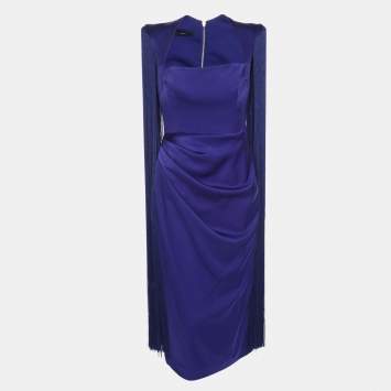 Pre Owned Alex Perry Dallas Blue Satin Fringe Sleeveless Midi Dress L