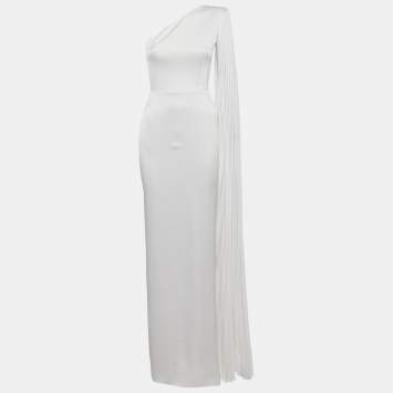 Pre Owned Alex Perry White Crepe One Shoulder Drape Detail Gown S
