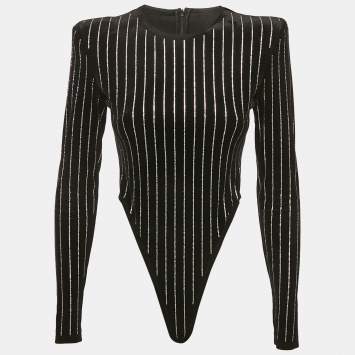 مملوكة مسبقًا Alex Perry Black Rhinestone Striped Velvet Bodysuit M