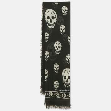 Pre Owned Alexander McQueen Black Skull Printed Modal & Silk Scarf