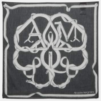 Alexander McQueen Navy Blue Printed Cotton Blend Scarf 