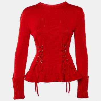 مملوكة مسبقًا Alexander McQueen Red Wool Knit Lace Up Detail Sweater Top M