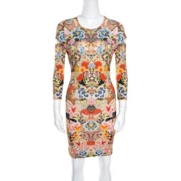 Pre Owned Alexander McQueen Floral Printed  Jersey Cutout Sleeve Detail Bodycon Dress S