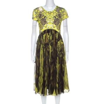 Pre Owned McQ by Alexander McQueen Yellow & Brown Digital Print Jersey & Silk Dress XL