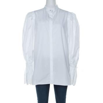 Pre Owned Alexander McQueen White Cotton Broderie Anglaise Cuffed Bell Sleeve Detail Front Button Shirt M