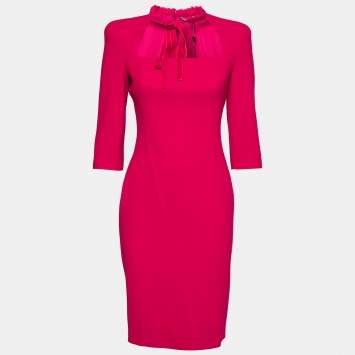 Pre Owned  Alexander McQueen Fuschia  Crepe Ruffle Trim Bow Neckline Detail Dress S