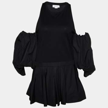مملوكة مسبقًا Alexander McQueen Black Cotton Knit Pleated Cut Out Balloon Sleeve Top M