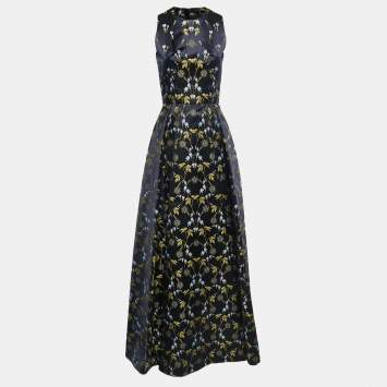 Pre Owned Alexander McQueen Navy Blue Floral Jacquard Sleeveless Gown S