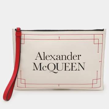 Pre Owned Alexander McQueen White Leather Large Logo Wristlet Pouch