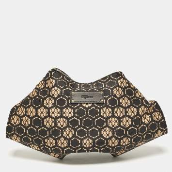 Pre Owned Alexander McQueen Black/Beige Printed Satin and Leather De Manta Clutch
