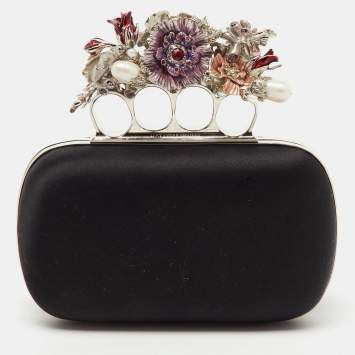 Alexander McQueen Black Satin Floral Knuckle Clutch