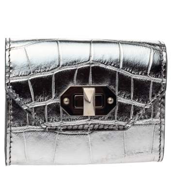 Pre Owned Alexander McQueen Silver Croc Embosed Leather Card Holder
