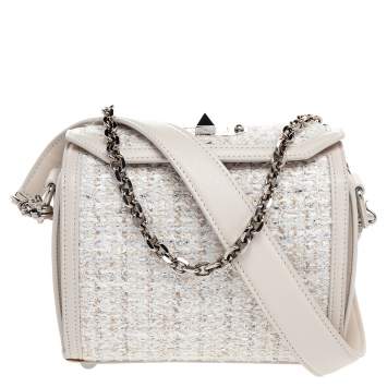 Pre Owned Alexander McQueen White Leather and Tweed Box 19 Crosssbody Bag