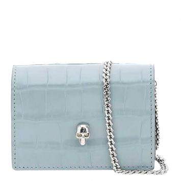 Pre Owned Alexander McQueen Blue Croc-embossed Leather Skull Bag