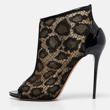 Pre Owned Alexander McQueen Black Mesh and Patent Leather Peep Toe Ankle Booties Size 38