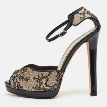 Alexander McQueen Black/Beige Lace and Patent Leather Platform Sandals Size 40