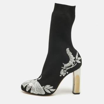 Pre Owned Alexander McQueen Black/Silver Embroidered Knit Fabric Ankle Boots Size 37