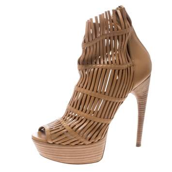 Pre Owned Alexander McQueen Beige Leather Platform Cage Booties Size 39