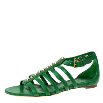 Pre Owned Alexander McQueen Green Leather Spike Detail Flat Gladiator Sandals Size 38.5