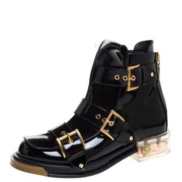 Pre Owned Alexander McQueen Black Patent Leather Buckle Detail Rose Heel Ankle Boots Size 40