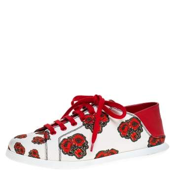 Pre Owned Alexander McQueen White/Red Leather And Floral Canvas Low Top Sneakers Size 38