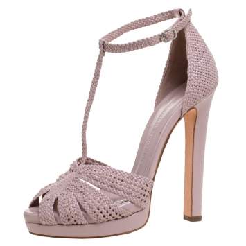 Pre Owned Alexander McQueen Lilac Woven Leather T-Bar Ankle Strap Platform Sandals Size 37
