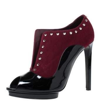 Pre Owned Alexander McQueen Burgundy/Black Suede And Patent Studded Platform Slip On Ankle Boots Size 40