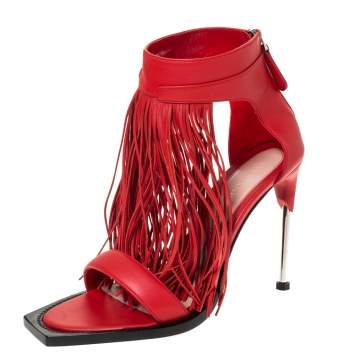Pre Owned Alexander McQueen Red Leather Fringe Detail Sandals Size 38.5 