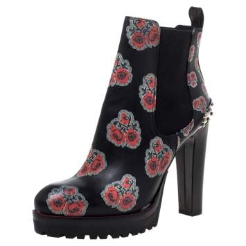 Pre Owned Alexander McQueen Black Floral Print Leather Chelsea Studded Heels Ankle Boots Size 39
