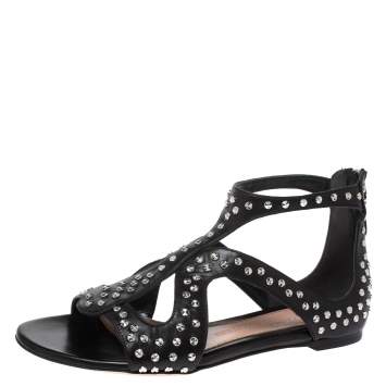 Pre Owned Alexander McQueen Black Micro Studded Leather Cage Flat Sandals Size 41