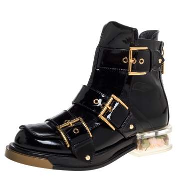 Pre Owned Alexander McQueen Black Patent Leather Flower Detail Three Buckle Boots Size 36