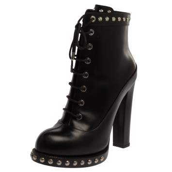 Pre Owned Alexander McQueen Black Leather Studded Platform Block Heel Ankle Boots Size 38