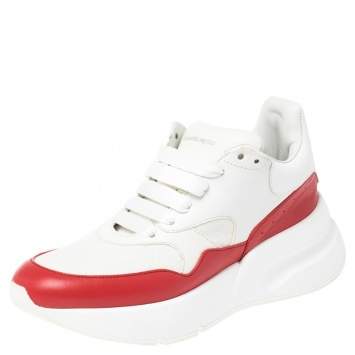 Pre Owned Alexander McQueen White/Red Leather And Mesh Oversized Runner Low Top Sneakers Size 38