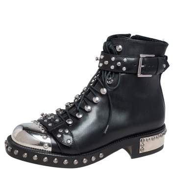Pre Owned Alexander McQueen Black Leather Cap Toe Studded Ankle Boots Size 37
