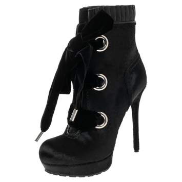 Pre Owned Alexander McQueen Black Pony Hair and Pleated Leather Ankle Boots Size 38.5