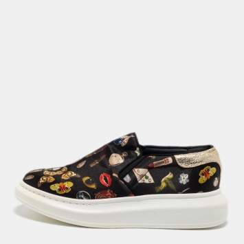 Pre Owned Alexander McQueen Black Printed Satin Slip-On Sneakers Size 40.5