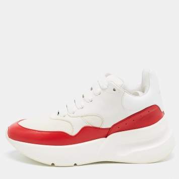 Pre Owned Alexander McQueen White/Red Leather And Canvas Larry Low Top Sneakers Size 35