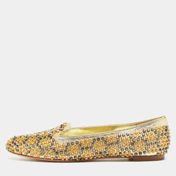Pre Owned Alexander McQueen Metallic Gold Studded Leather Smoking Slippers Size 39