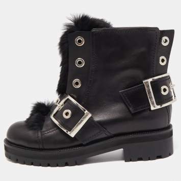 Pre Owned Alexander McQueen Black Leather and Fur Buckle Detail Ankle Boots Size 40
