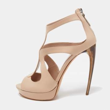 Pre Owned Alexander McQueen Beige Leather Platform Ankle Strap Sandals Size 41