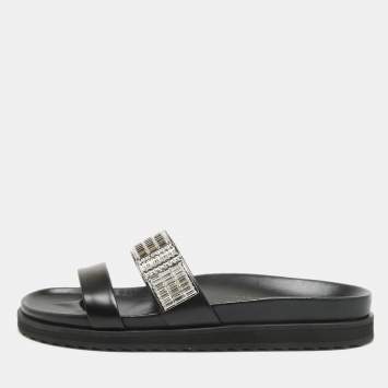 Pre Owned Alexander McQueen Black Leather Crystal Embellished Slides Size 38