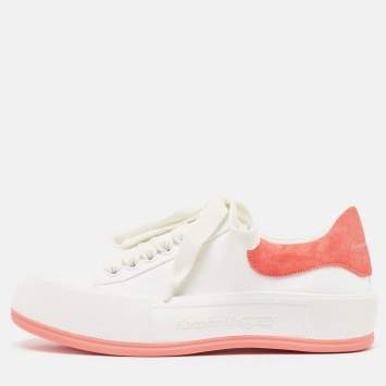 Pre Owned Alexander McQueen White/Pink Canvas and Suede Deck Plimsoll Sneakers Size 37.5