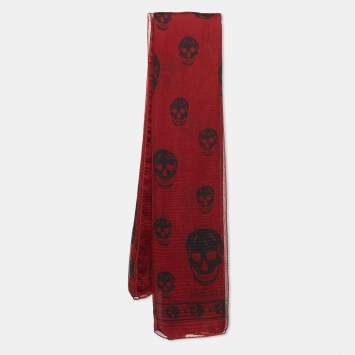 Pre Owned Alexander McQueen Red Skull Pattern Silk Square Scarf