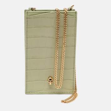 Pre Owned Alexander McQueen Light Green Croc Embossed Leather Skull Phone Case