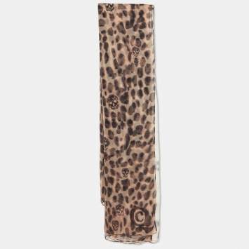 Pre Owned Alexander McQueen Brown Leopard and Skull Print Silk Scarf