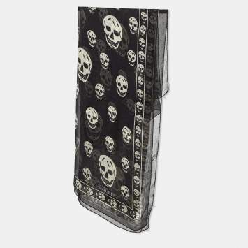 Pre Owned Alexander McQueen Black Skull Printed Modal & Silk Scarf