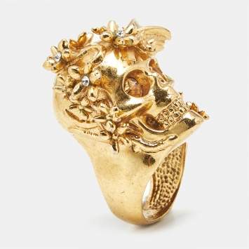 Alexander McQueen Bee Crystal Studded Skull Silver Tone Ring