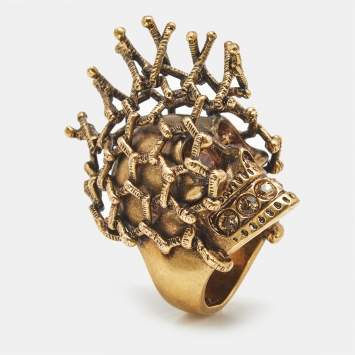 Pre Owned Alexander McQueen Skull Crystals Gold Tone Ring Size 55