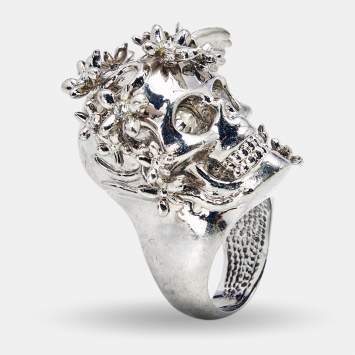 Alexander McQueen Bee Crystal Studded Skull Silver Tone Ring