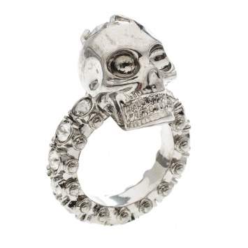 Pre Owned Alexander McQueen Skull Crystal Embedded Silver Tone Ring Size 51